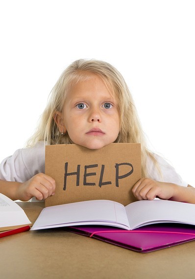 image of young girl student with sign that says help width=