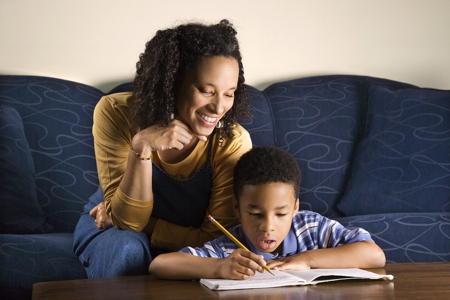 mom and son working together