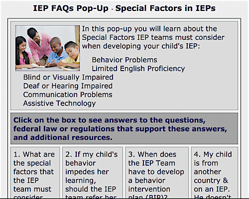 image of IEP PopUp Special Factors in IEPs