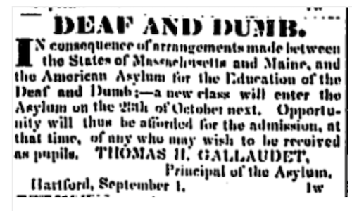 Advertisement for the Asylum for the Education of the Deaf and Dumb in the Connecticut Courant on September 8, 1829