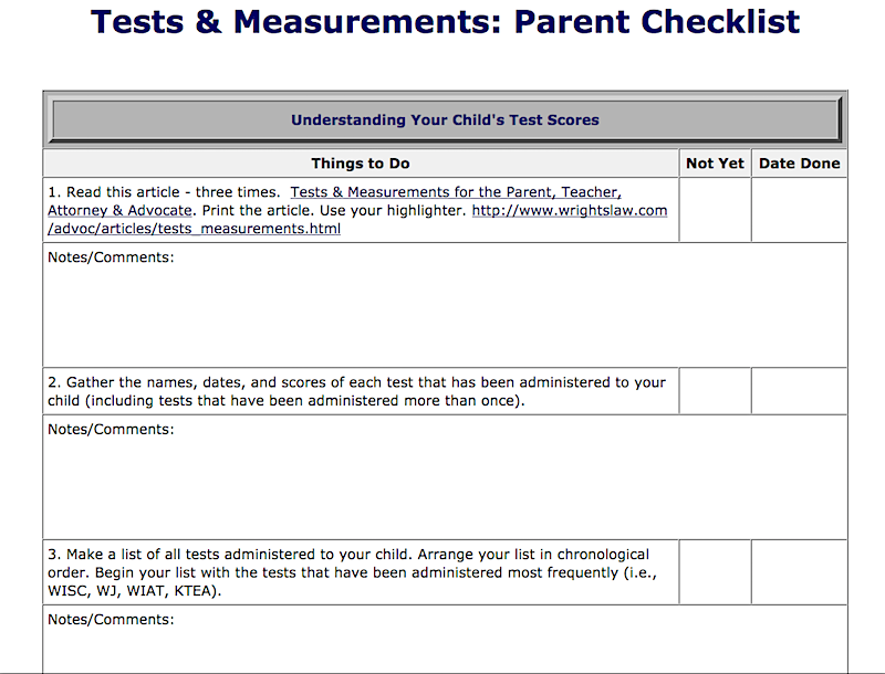 Tests and Measurements Parent Checklist picture